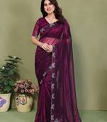   purple embellished net saree with butterfly diamond lace border & blouse piece