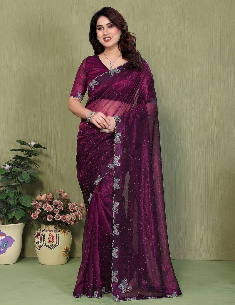  purple embellished net saree with butterfly diamond lace border & blouse piece