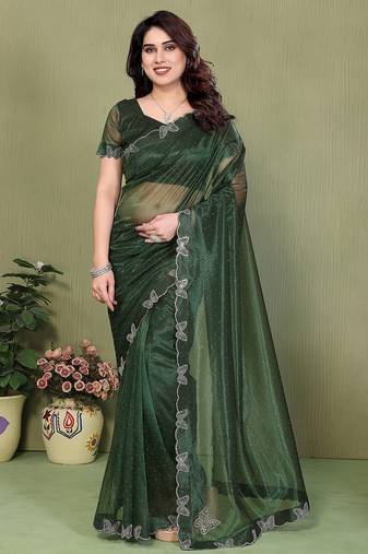 green embellished net saree with butterfly diamond lace border & blouse piece