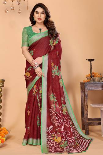 maroon floral cotton silk saree with shimmer & blouse piece     elegant festive wear