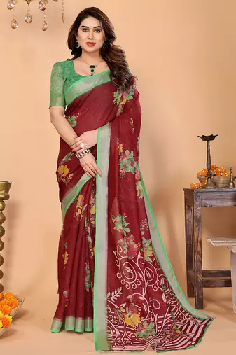 maroon floral cotton silk saree with shimmer & blouse piece     elegant festive wear