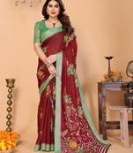 maroon floral cotton silk saree with shimmer & blouse piece     elegant festive wear