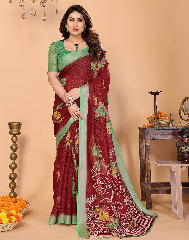 maroon floral cotton silk saree with shimmer & blouse piece – elegant festive wear