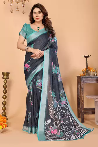 Blue floral cotton silk saree with shimmer & blouse piece     elegant festive wear
