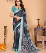 Blue floral cotton silk saree with shimmer & blouse piece     elegant festive wear