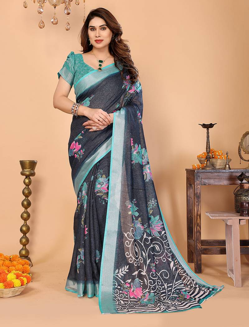 Blue floral cotton silk saree with shimmer & blouse piece – elegant festive wear