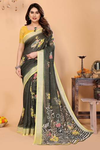 Green floral cotton silk saree with shimmer & blouse piece     elegant festive wear
