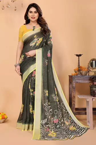 Green floral cotton silk saree with shimmer & blouse piece     elegant festive wear