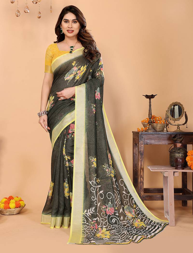 Green floral cotton silk saree with shimmer & blouse piece – elegant festive wear