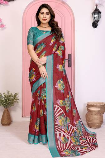 maroon floral cotton silk saree with shimmer & blouse piece     elegant festive wear