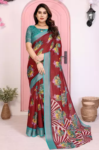 maroon floral cotton silk saree with shimmer & blouse piece     elegant festive wear