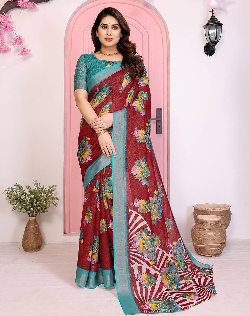 maroon floral cotton silk saree with shimmer & blouse piece – elegant festive wear