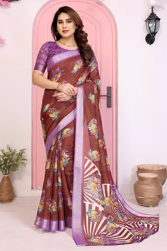 maroon floral cotton silk saree with shimmer & blouse piece     elegant festive wear