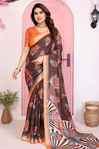 brown floral cotton silk saree with shimmer & blouse piece     elegant festive wear