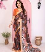 brown floral cotton silk saree with shimmer & blouse piece     elegant festive wear