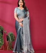 grey embroidered tissue saree with jimmy choo lace border & blouse piece