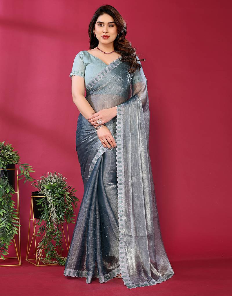 grey embroidered tissue saree with jimmy choo lace border & blouse piece