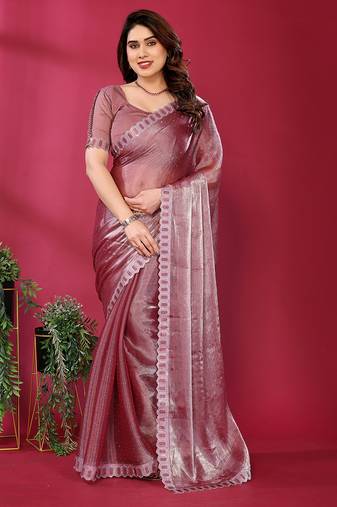 pink embroidered tissue saree with jimmy choo lace border & blouse piece
