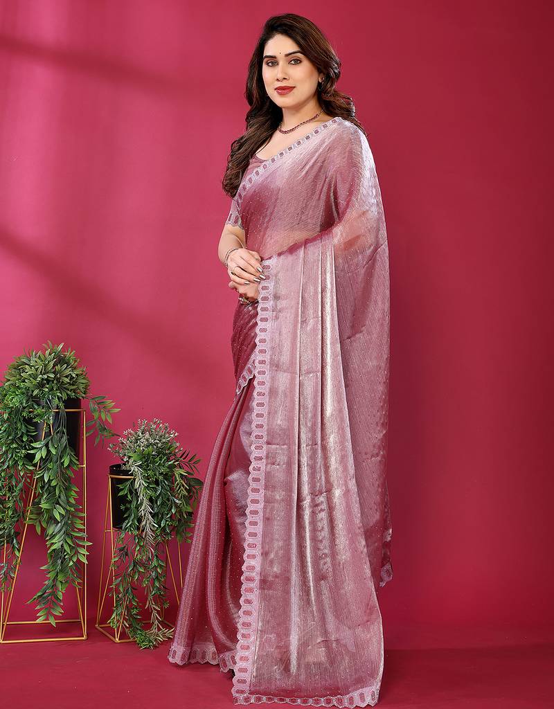 pink embroidered tissue saree with jimmy choo lace border & blouse piece