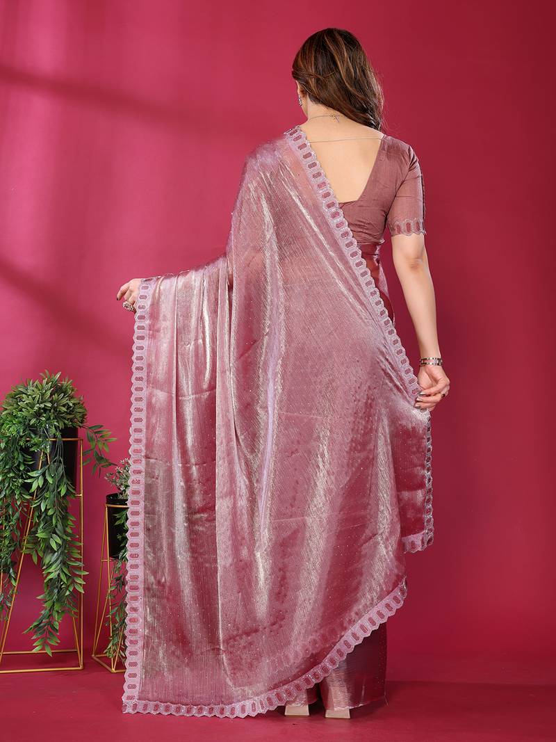 pink embroidered tissue saree with jimmy choo lace border & blouse piece