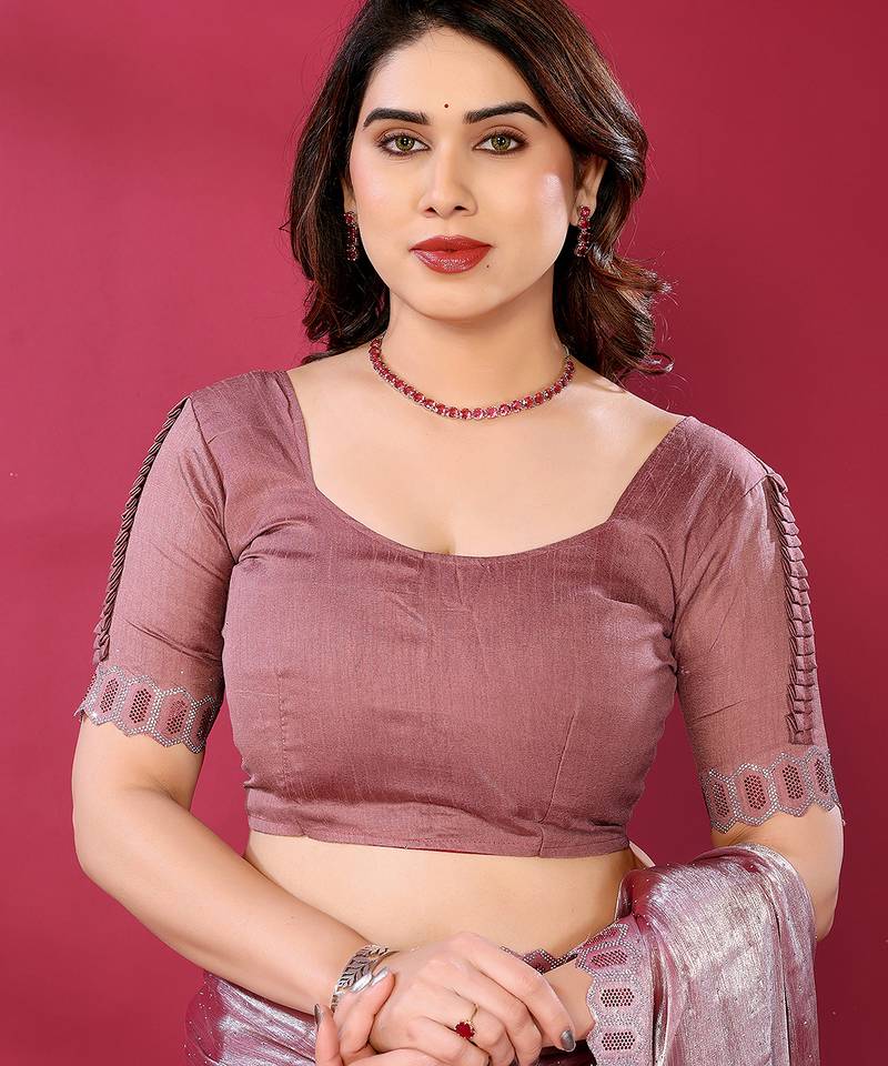 pink embroidered tissue saree with jimmy choo lace border & blouse piece