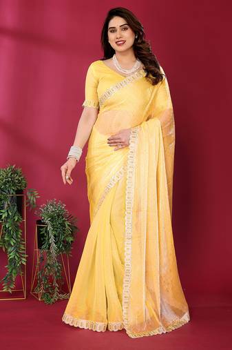   yellow embroidered tissue saree with jimmy choo lace border & blouse piece
