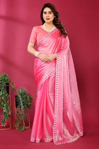 pink embroidered tissue saree with jimmy choo lace border & blouse piece