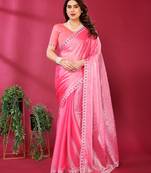 pink embroidered tissue saree with jimmy choo lace border & blouse piece