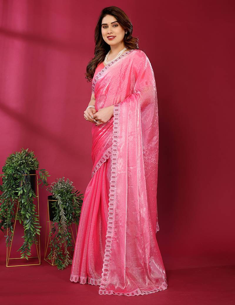pink embroidered tissue saree with jimmy choo lace border & blouse piece