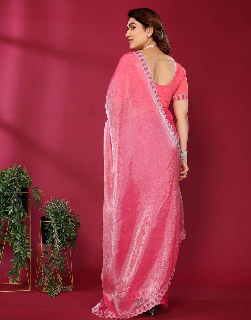 pink embroidered tissue saree with jimmy choo lace border & blouse piece