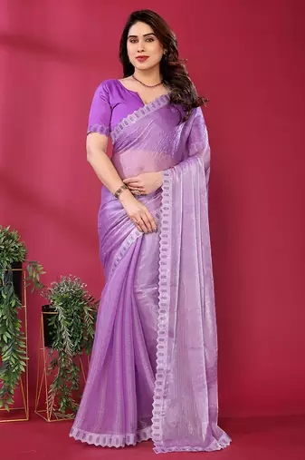   purple embroidered tissue saree with jimmy choo lace border & blouse piece