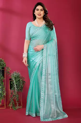 blue embroidered tissue saree with jimmy choo lace border & blouse piece