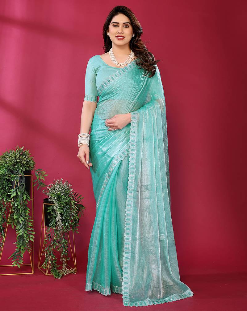 blue embroidered tissue saree with jimmy choo lace border & blouse piece