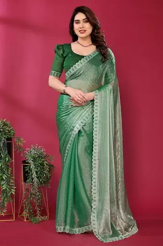 green embroidered tissue saree with jimmy choo lace border & blouse piece