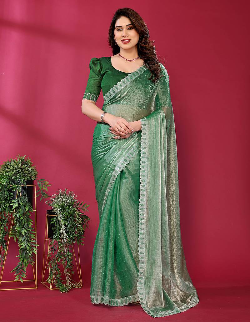 green embroidered tissue saree with jimmy choo lace border & blouse piece