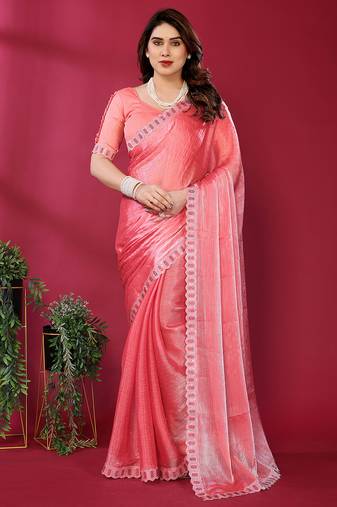 pink embroidered tissue saree with jimmy choo lace border & blouse piece