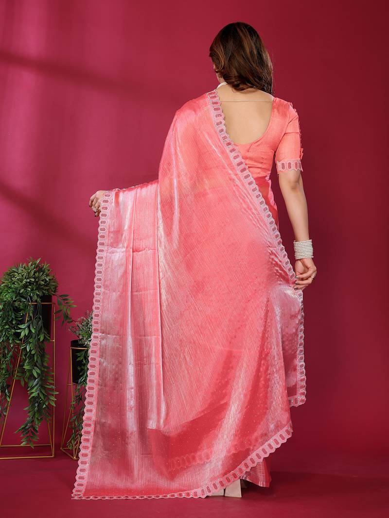 pink embroidered tissue saree with jimmy choo lace border & blouse piece