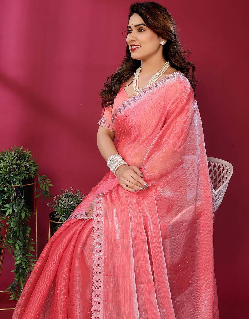 pink embroidered tissue saree with jimmy choo lace border & blouse piece