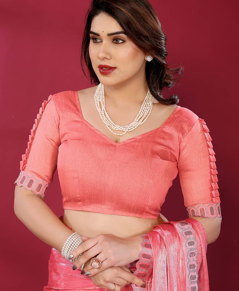 pink embroidered tissue saree with jimmy choo lace border & blouse piece