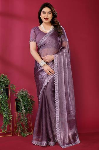   purple embroidered tissue saree with jimmy choo lace border & blouse piece
