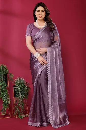   purple embroidered tissue saree with jimmy choo lace border & blouse piece