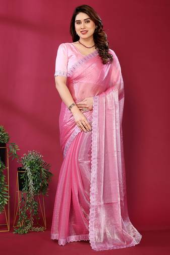 pink embroidered tissue saree with jimmy choo lace border & blouse piece
