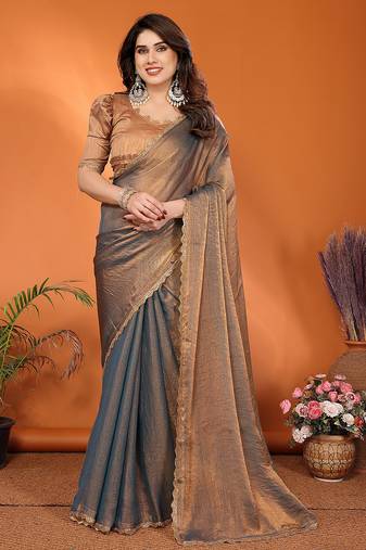 grey elegant embellished chiffon saree with frendi chinese border & blouse piece