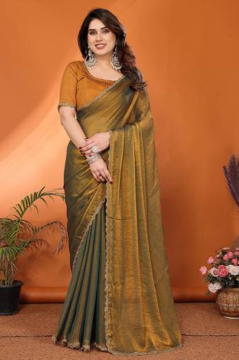 gold elegant embellished chiffon saree with frendi chinese border & blouse piece