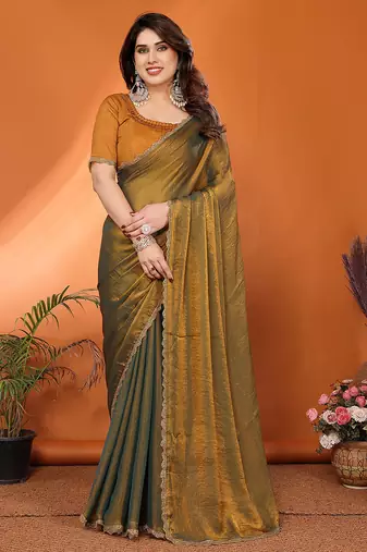 gold elegant embellished chiffon saree with frendi chinese border & blouse piece