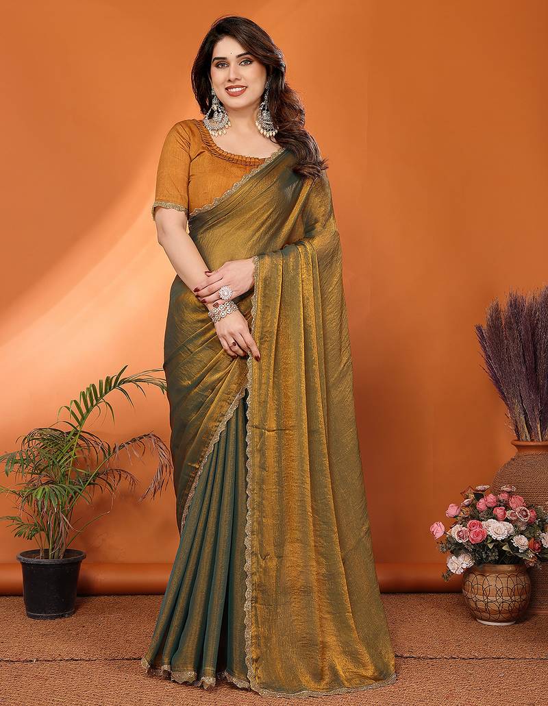 gold elegant embellished chiffon saree with frendi chinese border & blouse piece