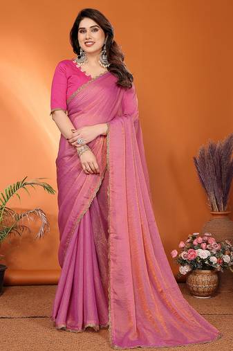 pink elegant embellished chiffon saree with frendi chinese border & blouse piece