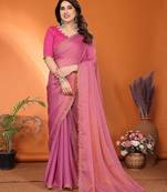 pink elegant embellished chiffon saree with frendi chinese border & blouse piece