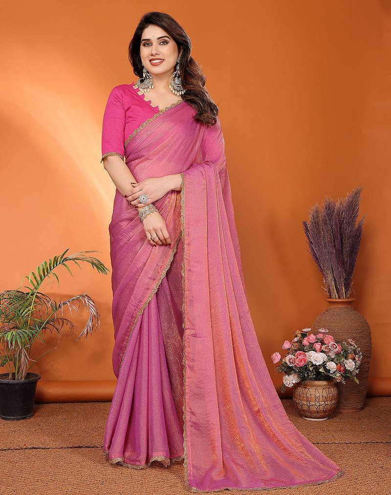 pink elegant embellished chiffon saree with frendi chinese border & blouse piece