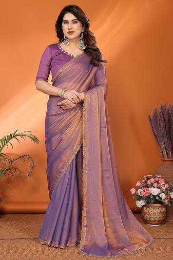   purple elegant embellished chiffon saree with frendi chinese border & blouse piece